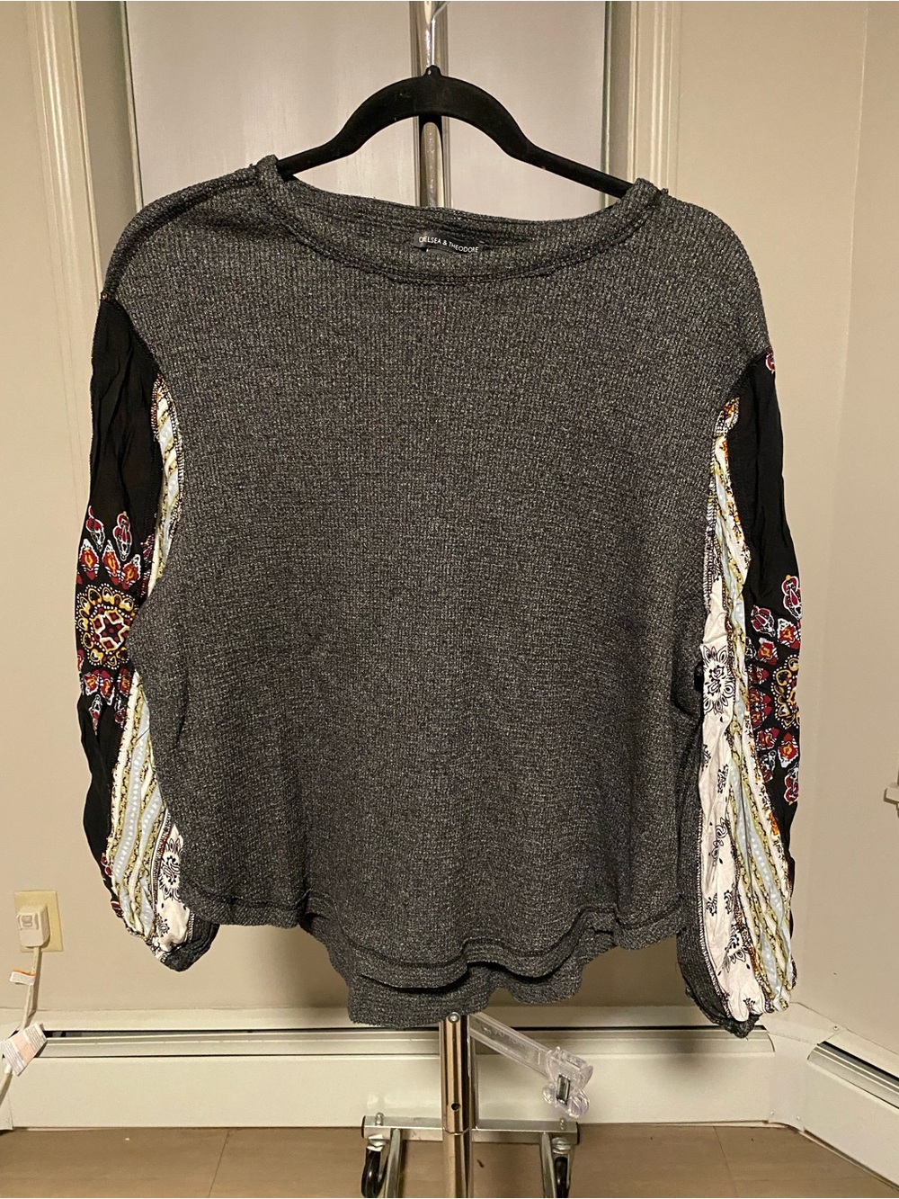 Chelsea & Theodore Gray Mixed-Media Pullover with Patterned Balloon Sleeves